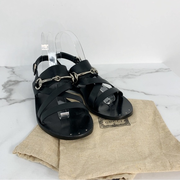 GUCCI Juliette Black Leather Horsebit Open Toe Flat Strappy Summer Sandals 38.5 - Picture 3 of 13